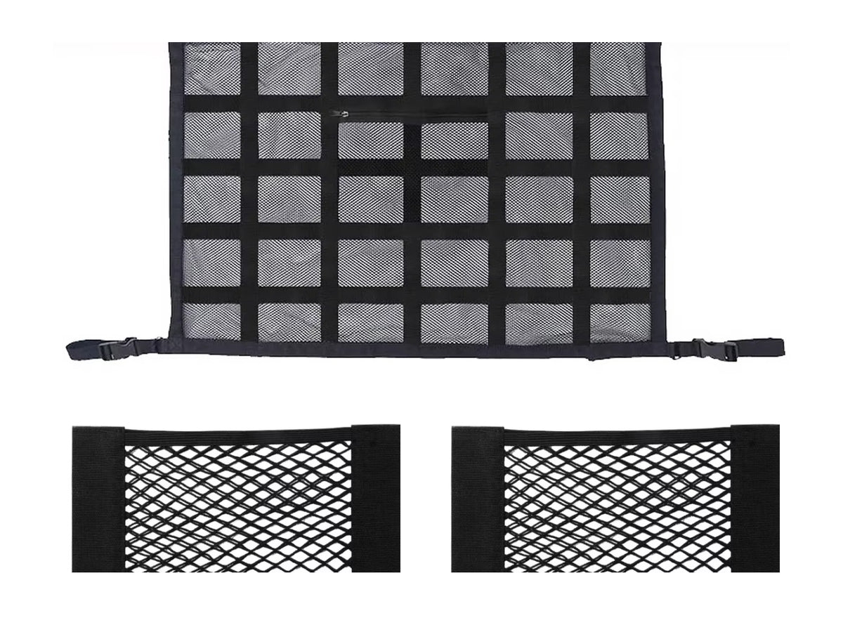 Stashroo Road Trip Kit: overhead car storage net plus 2 elastic boot organisers