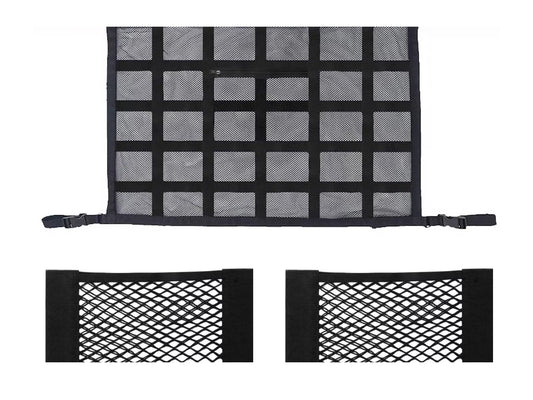 Stashroo Road Trip Kit: overhead car storage net plus 2 elastic boot organisers